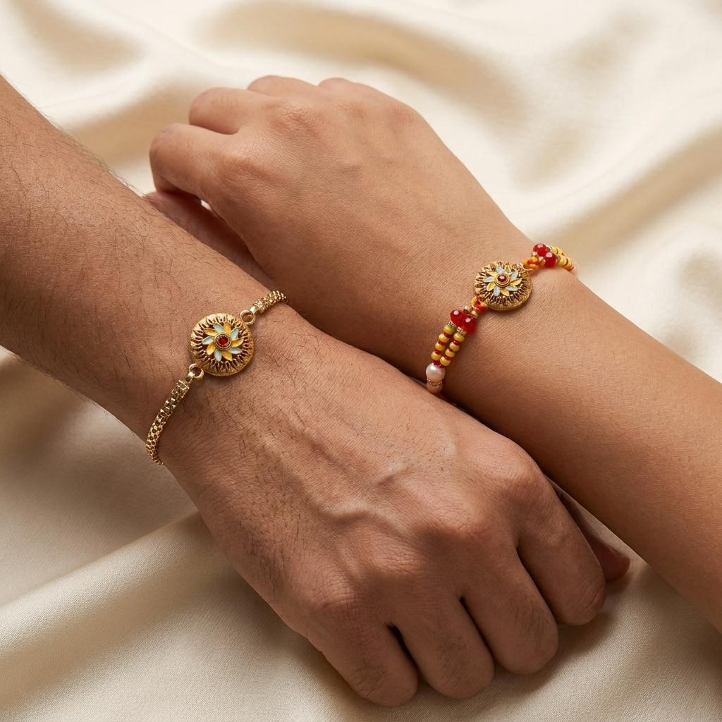 Handmade Floral Enamel Couple Rakhi Set for Bhaiya Bhabhi