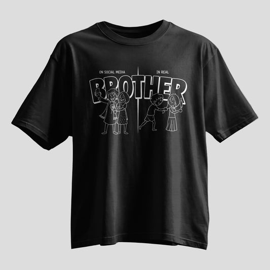 Brother social media vs real life funny Rakhi oversized T-shirt, white and black