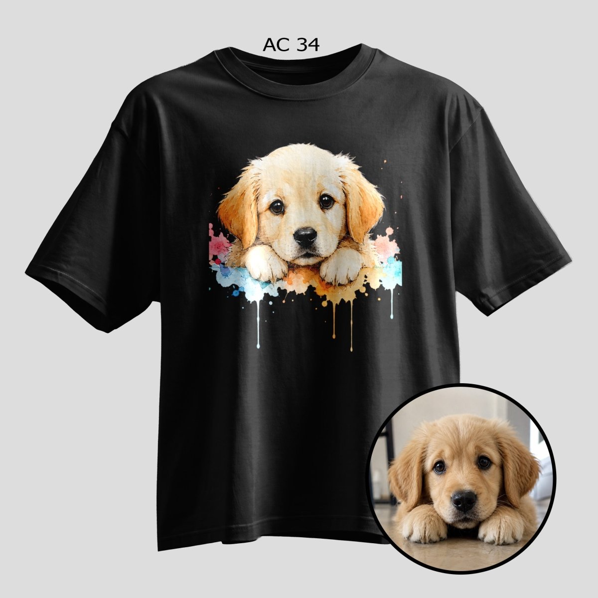 Custom Pet Photo Watercolor Art Oversized T-Shirt – Dog Print - selfie to print