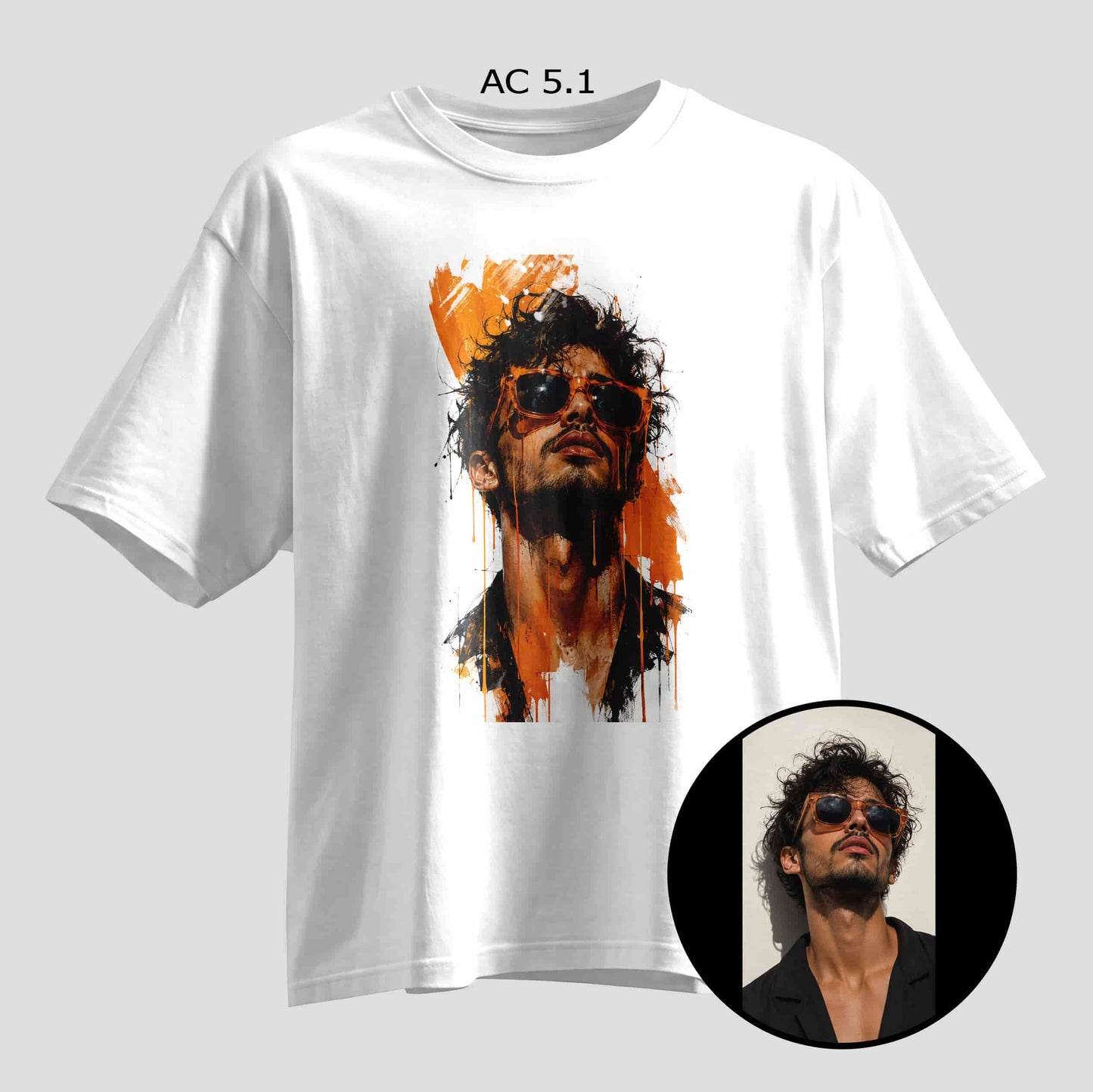 Custom drip-paint art selfie print on black oversized T-shirt, personalized photo tee