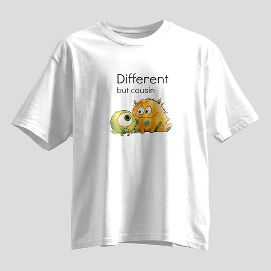 Different but cousin monster print Rakhi oversized T-shirt, white and black