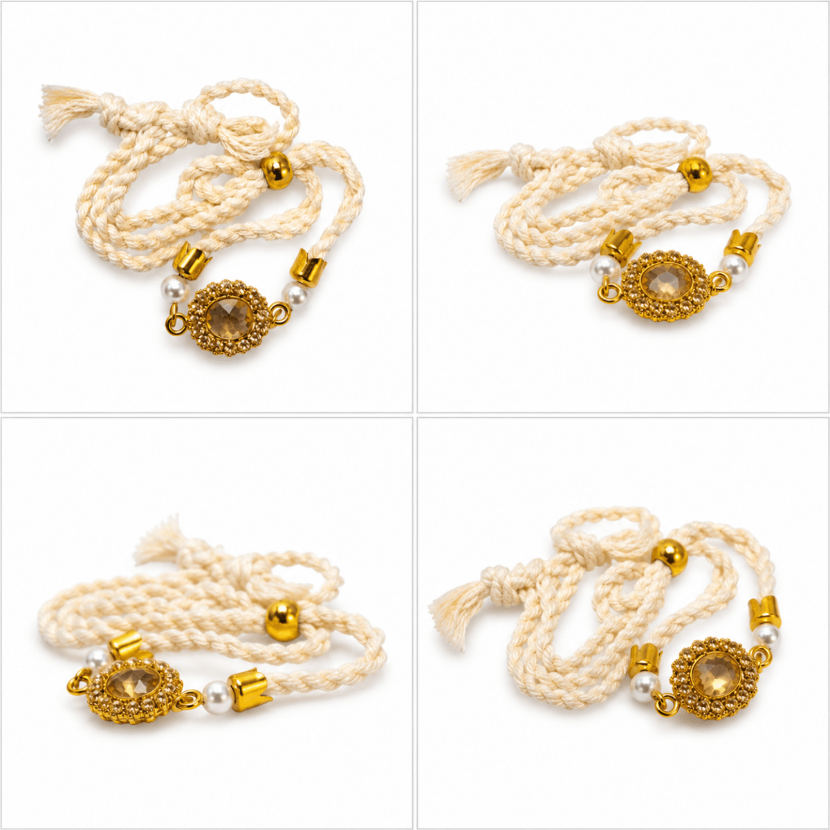 Elegant Crystal Halo Rakhi with Pearls & Braided Cord - selfie to print