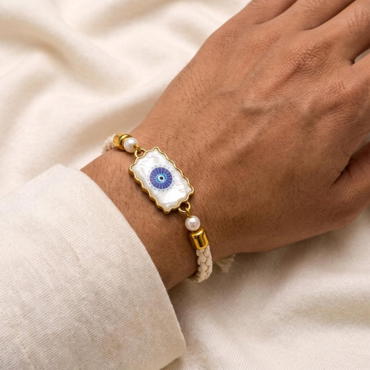 Handmade Original White Stone Evil Eye Rakhi for Brother and Sister - selfie to print