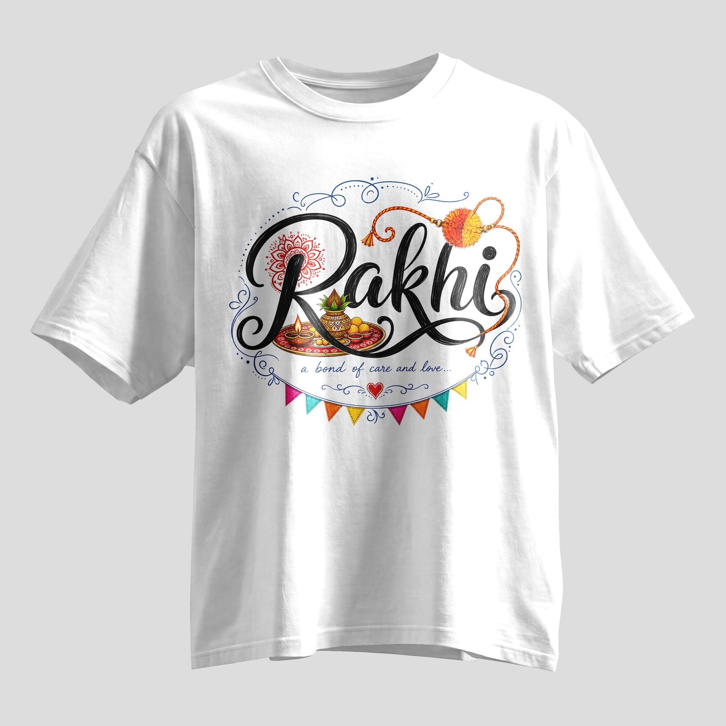 Rakhi typography oversized T-shirt with mandala and rakhi thread print, white and black