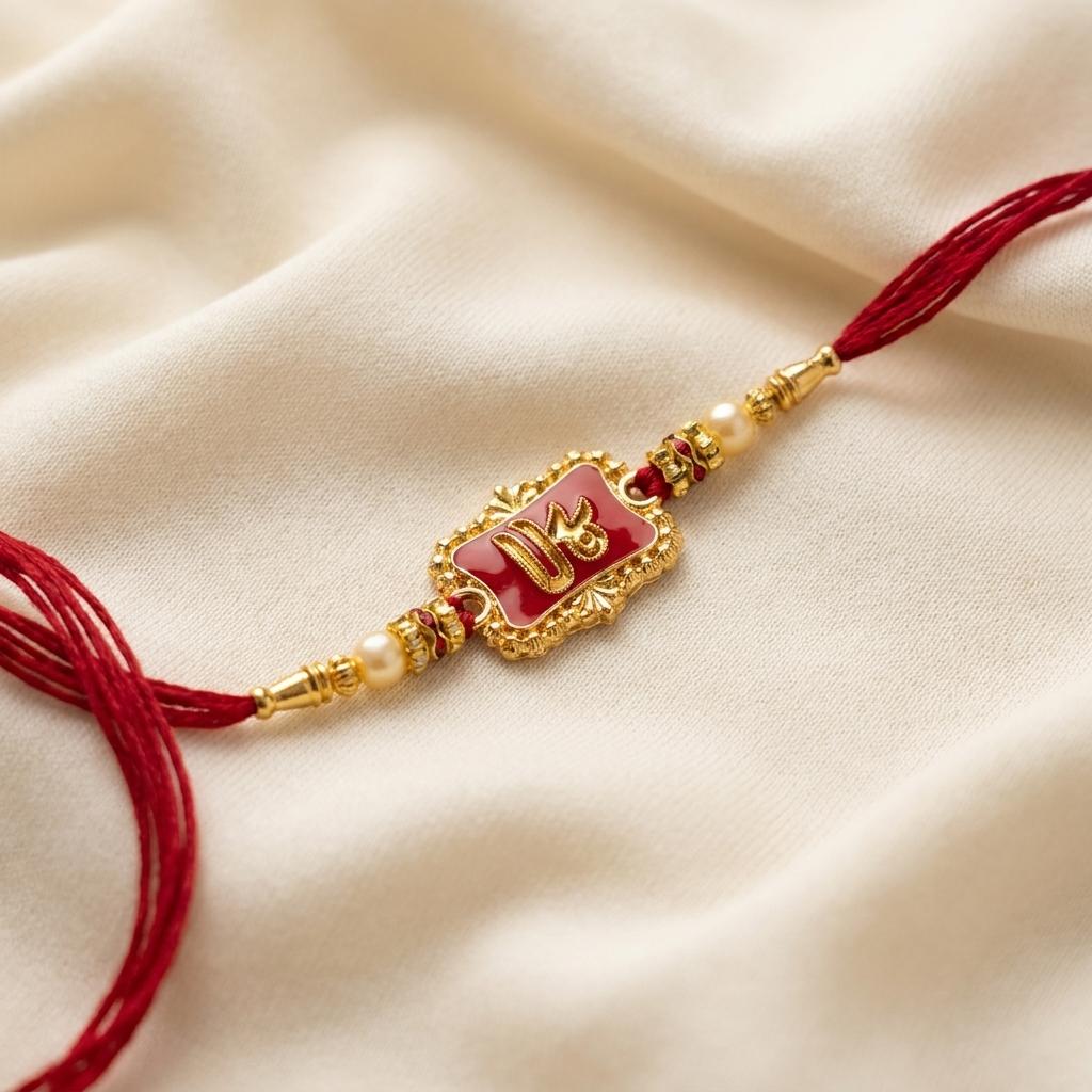 Sacred 'Shree' Gold Rakhi with Purple Enamel & Pearl Beads - selfie to print