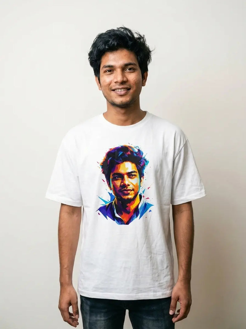 Man and woman wearing custom Selfie to Print t-shirts with personalized photo art designs – upload your selfie and wear your vibe