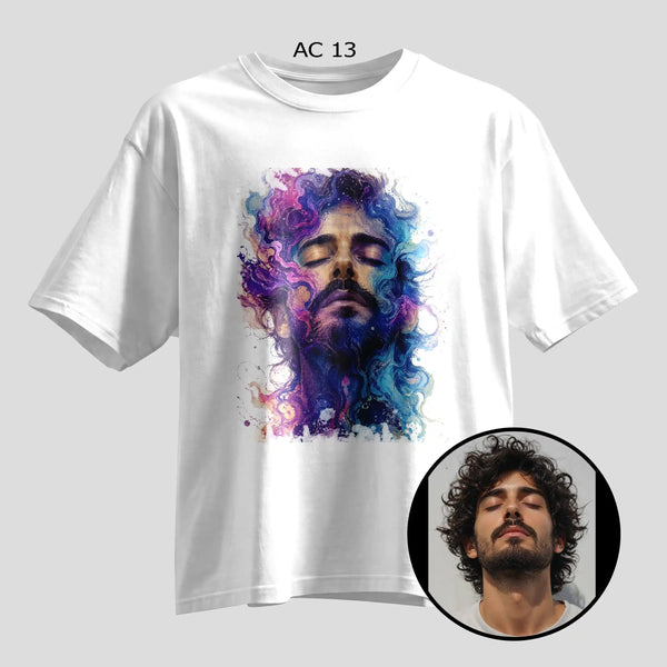Custom galaxy smoke portrait selfie print on black oversized T-shirt, personalized photo tee