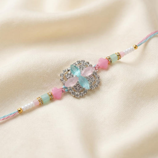 Elegant Pastel Crystal Butterfly Rakhi with Colorful Beads
