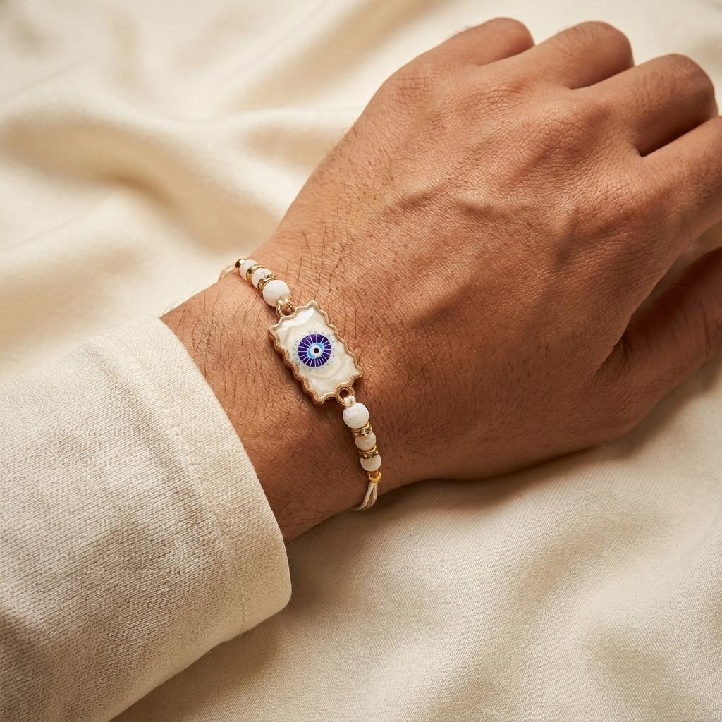 Elegant Gold Scalloped Evil Eye Stone Rakhi with Crystal Beads