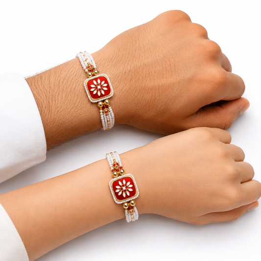 Royal Gold & Red Enamel Floral Couple Rakhi Set with Bracelet