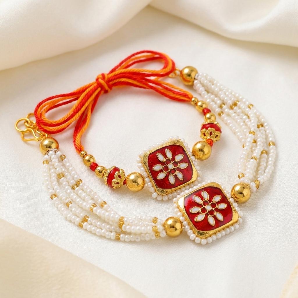Royal Gold & Red Enamel Floral Couple Rakhi Set with Bracelet