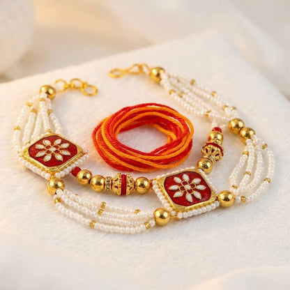 Royal Gold & Red Enamel Floral Couple Rakhi Set with Bracelet