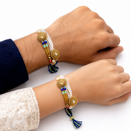 Gold Mandala Charm Adjustable Pearl Bead Rakhi