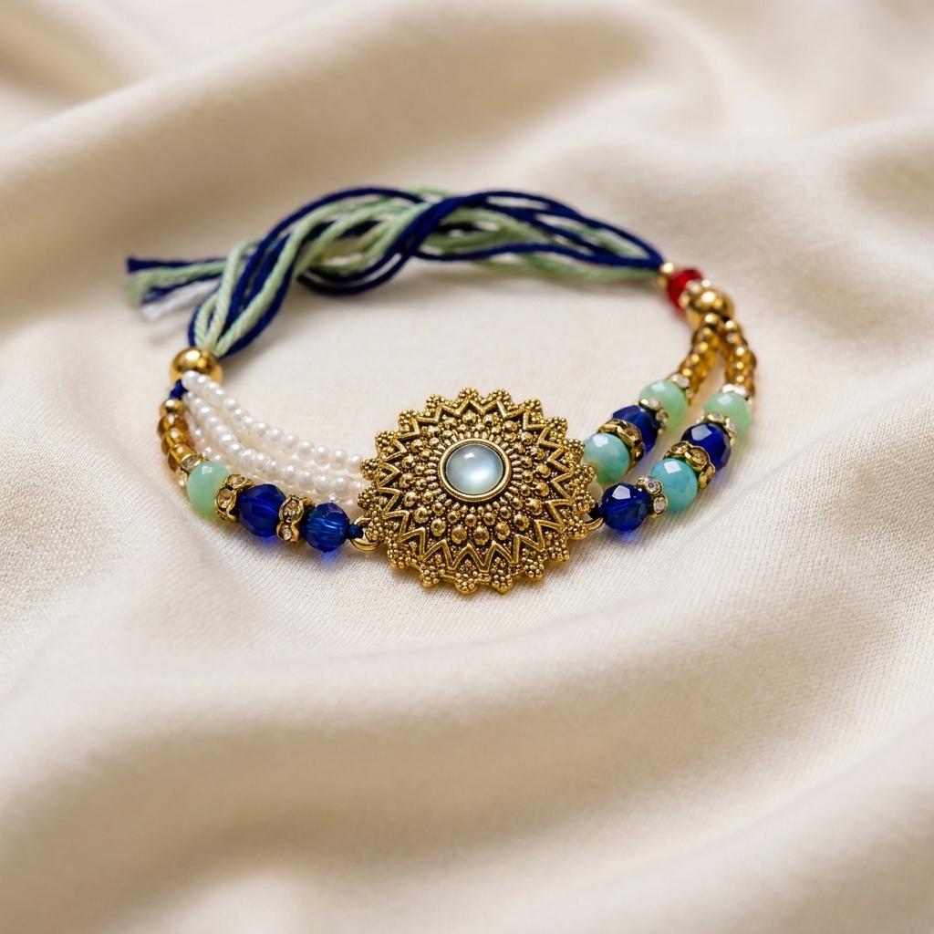 Gold Mandala Charm Adjustable Pearl Bead Rakhi