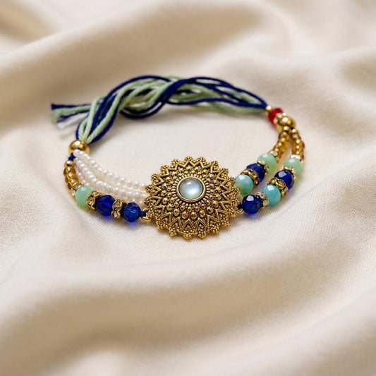 Gold Mandala Charm Adjustable Pearl Bead Rakhi