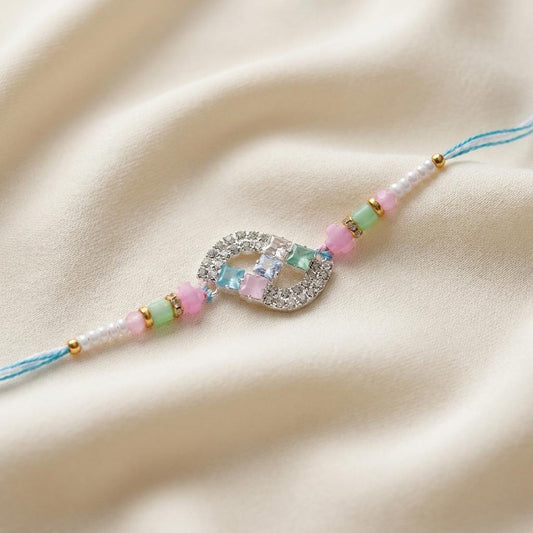 Elegant CZ Infinity Designer Rakhi with Pastel Beads for Brother