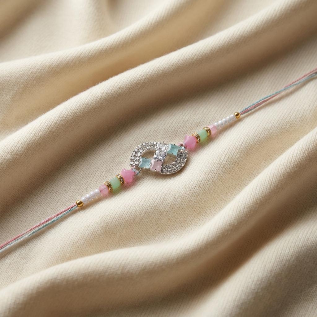Elegant CZ Infinity Designer Rakhi with Pastel Beads for Brother
