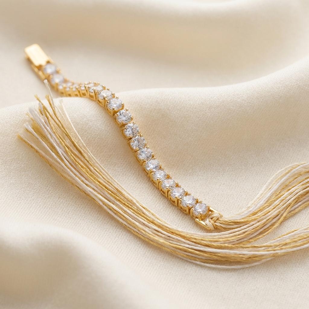 Premium Gold-Tone CZ Bracelet Rakhi with Ivory Thread for Brother