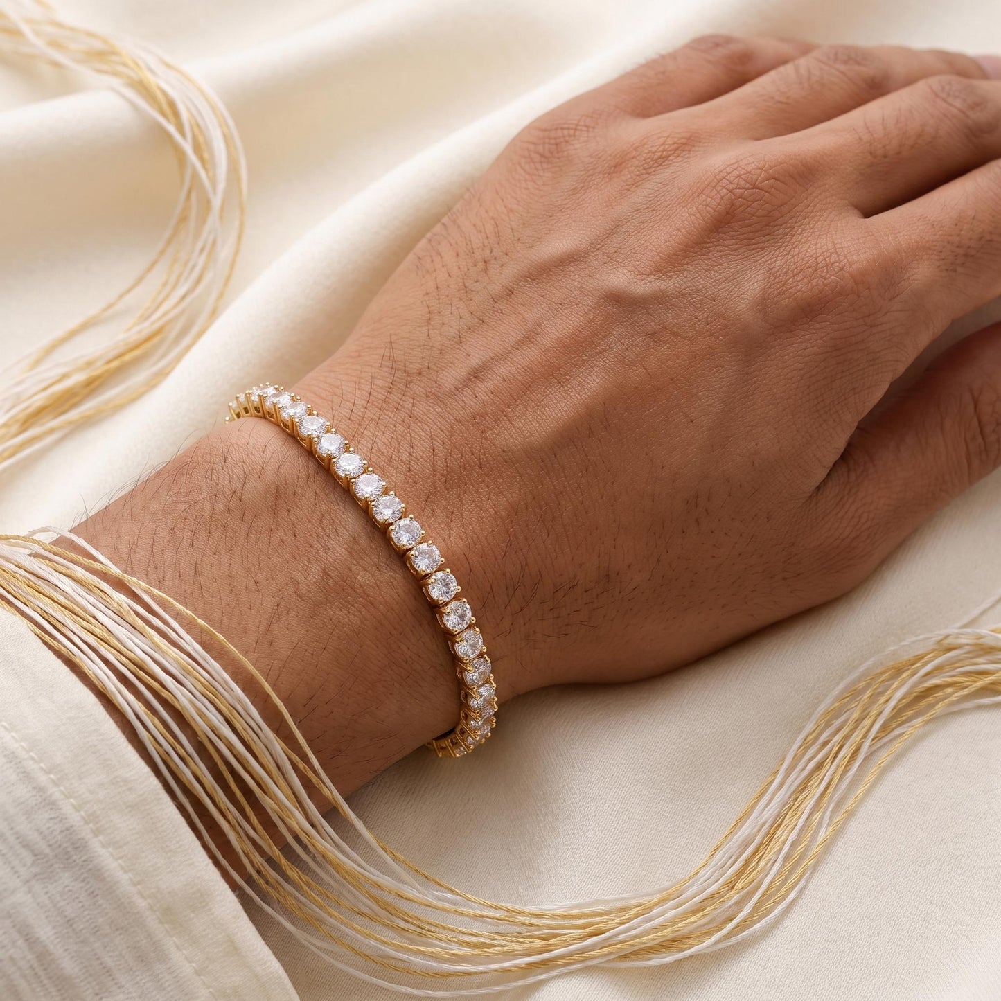Premium Gold-Tone CZ Bracelet Rakhi with Ivory Thread for Brother