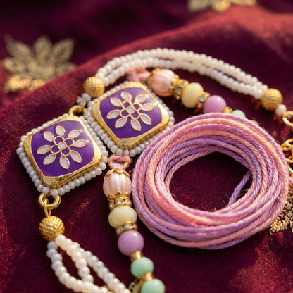Purple Floral Twin Motif Pearl Rakhi with Pastel Bead Tassels