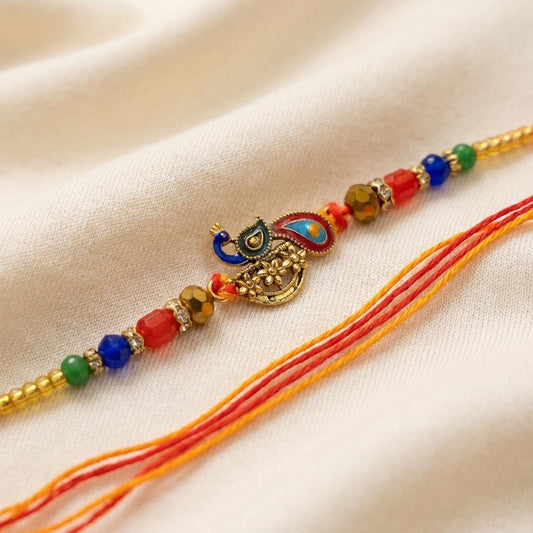 Premium Handcrafted Peacock Motif Rakhi with Colorful Beads