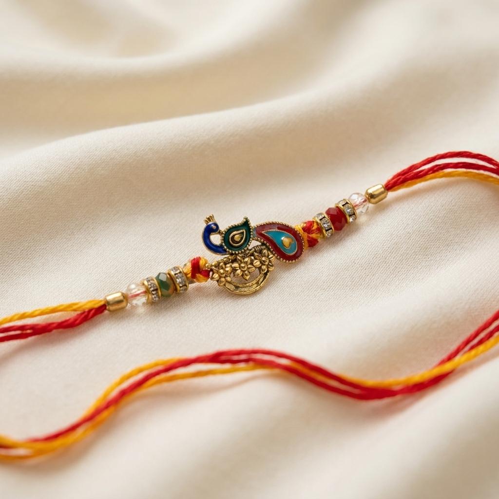 Premium Handcrafted Peacock Motif Rakhi with Colorful Beads