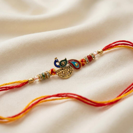 Premium Handcrafted Peacock Motif Rakhi with Colorful Beads