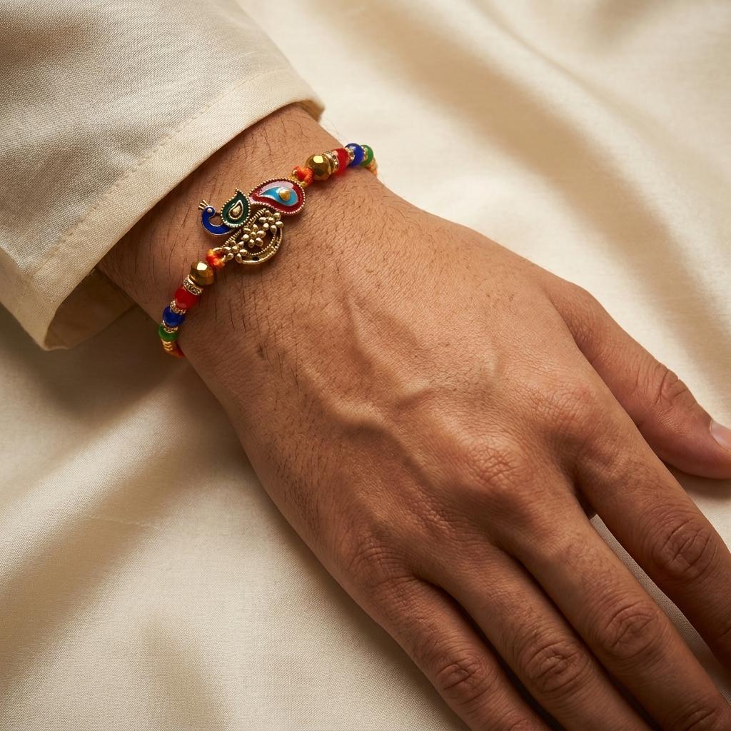 Premium Handcrafted Peacock Motif Rakhi with Colorful Beads
