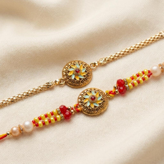 Handmade Floral Enamel Couple Rakhi Set for Bhaiya Bhabhi