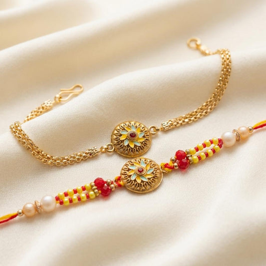 Handmade Floral Enamel Couple Rakhi Set for Bhaiya Bhabhi
