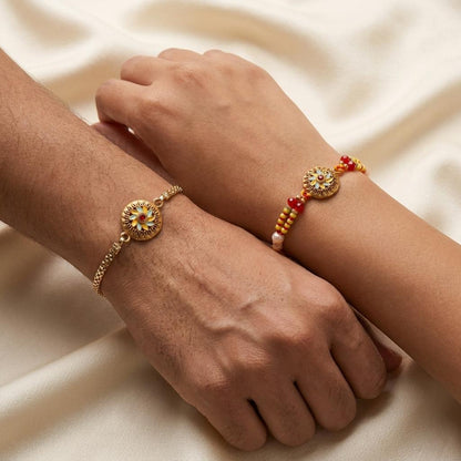 Handmade Floral Enamel Couple Rakhi Set for Bhaiya Bhabhi