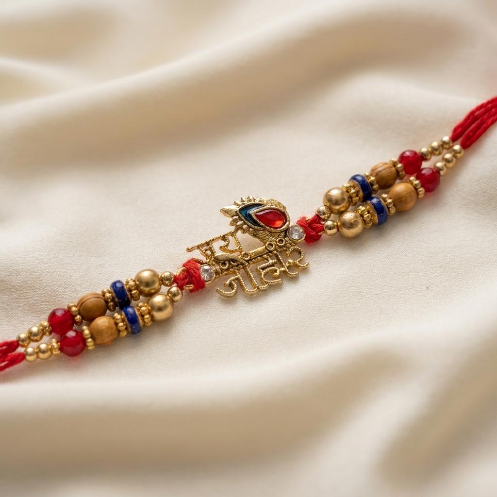Ethnic 'Jai Johar' Gold-Tone Rakhi with Red & Blue