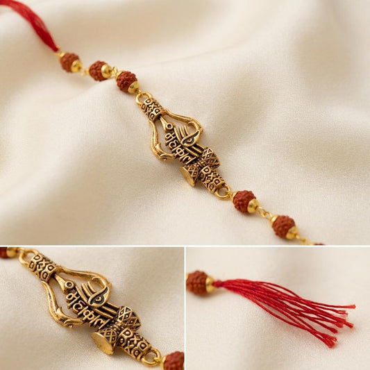 Divine Mahakal Trishul Antique Gold Rudraksha Rakhi for Brother