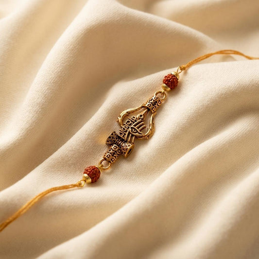 Divine Mahakal Trishul Antique Gold Rudraksha Rakhi for Brother