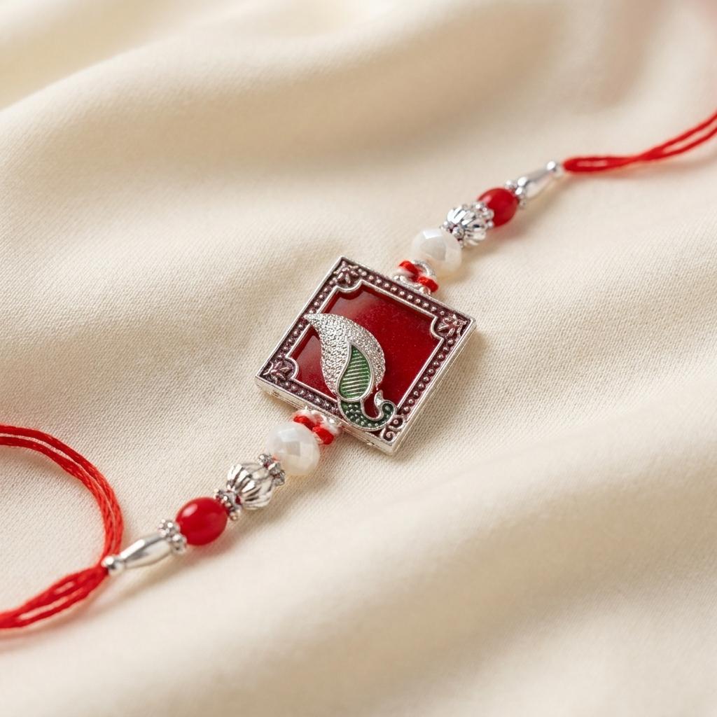 Traditional Silver Peacock Feather Rakhi with Red & Pearl Beads