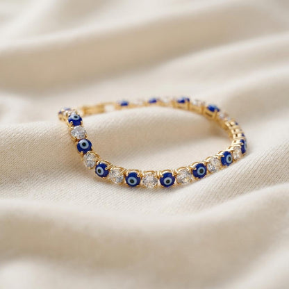 Tennis Style Evil Eye Crystal Gold Rakhi Bracelet for Bhai Bahen