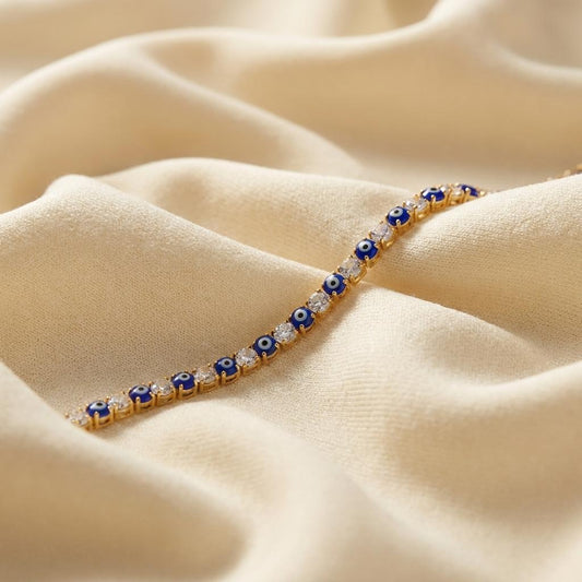 Tennis Style Evil Eye Crystal Gold Rakhi Bracelet for Bhai Bahen