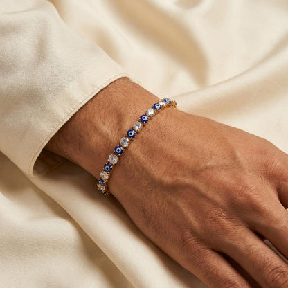 Tennis Style Evil Eye Crystal Gold Rakhi Bracelet for Bhai Bahen