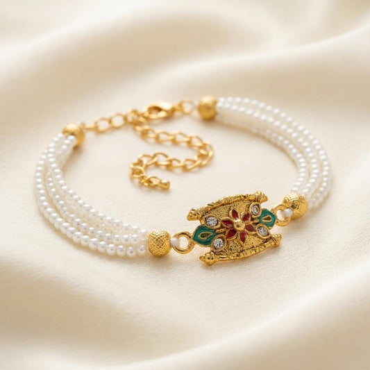 Antique Gold Enamel Floral Triple Pearl Rakhi Bracelet