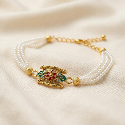 Antique Gold Enamel Floral Triple Pearl Rakhi Bracelet