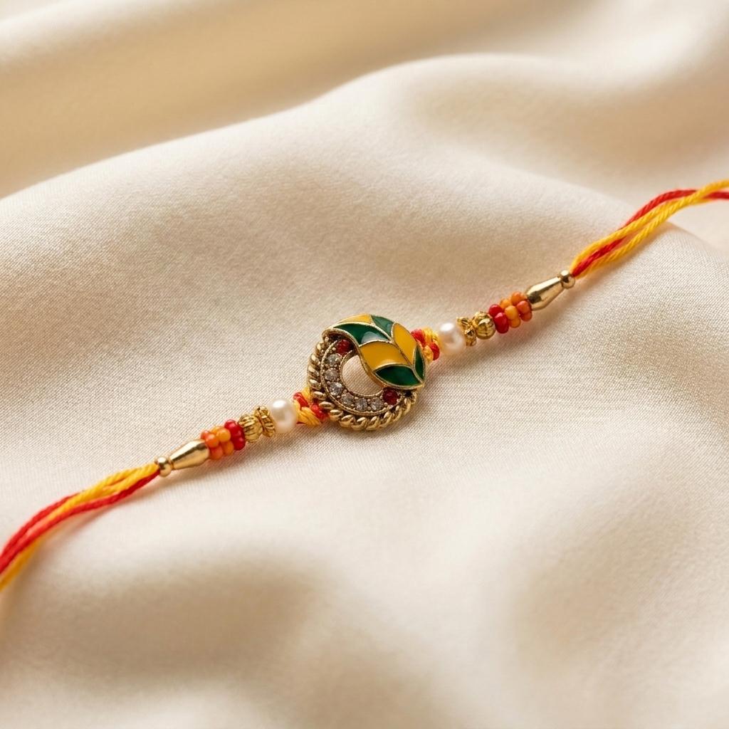 Sacred Yellow Red Thread Rakhi with Green Enamel & Pearl