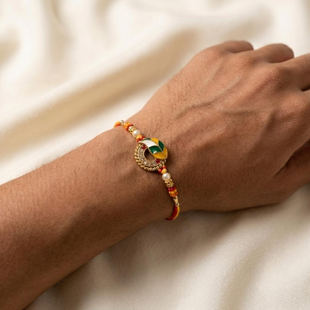 Sacred Yellow Red Thread Rakhi with Green Enamel & Pearl