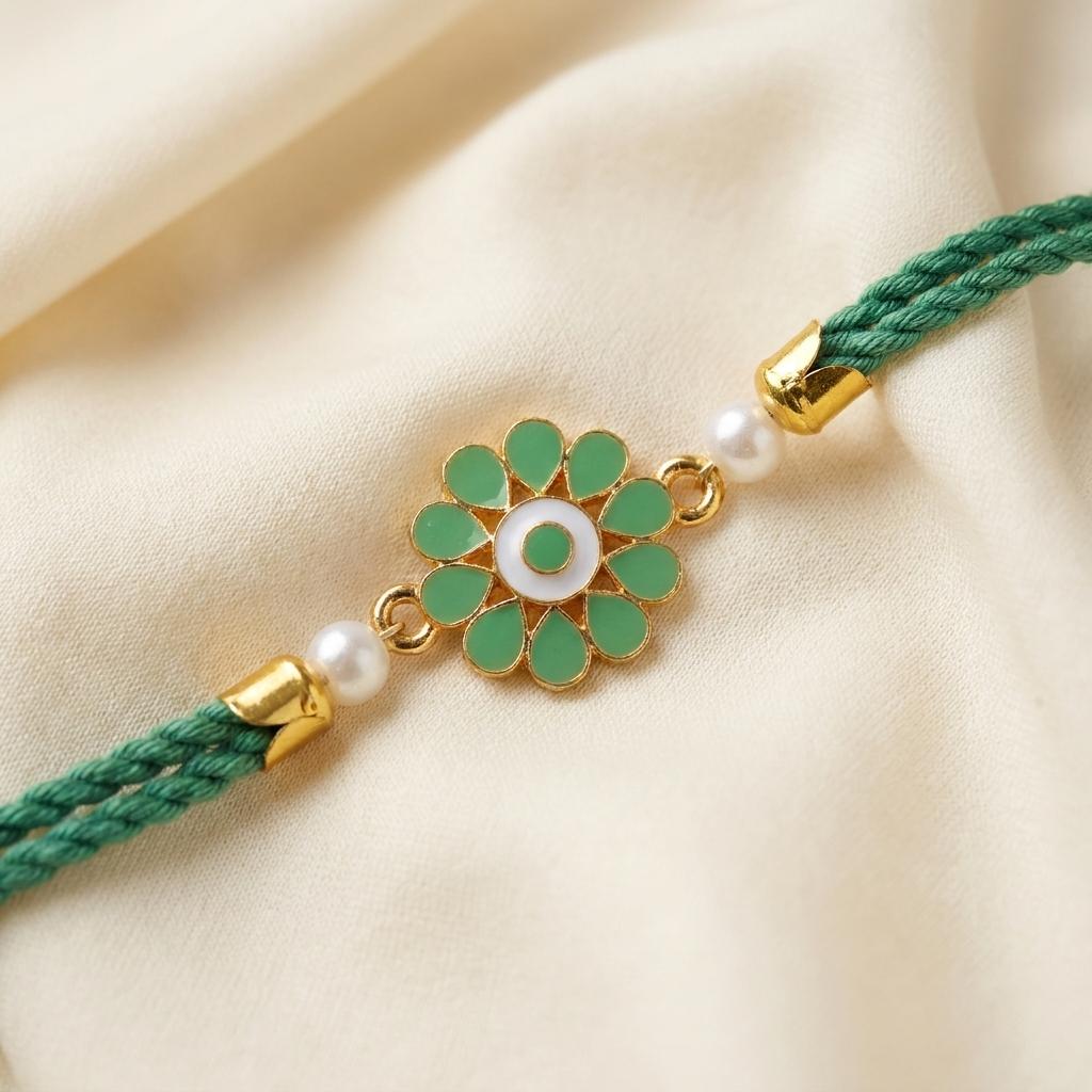 Elegant Gold & Green Enamel Floral Rakhi for Raksha Bandhan