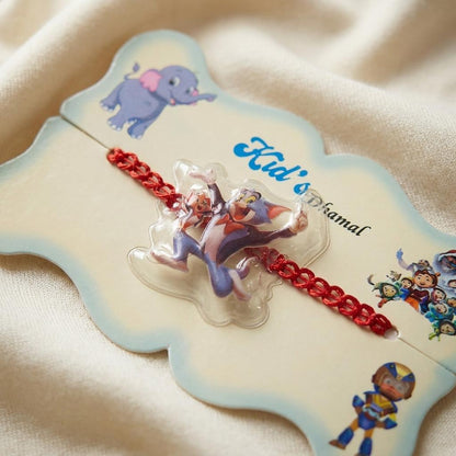 Playful Cartoon Kid's Dhamal Rakhi with Red Braided Thread