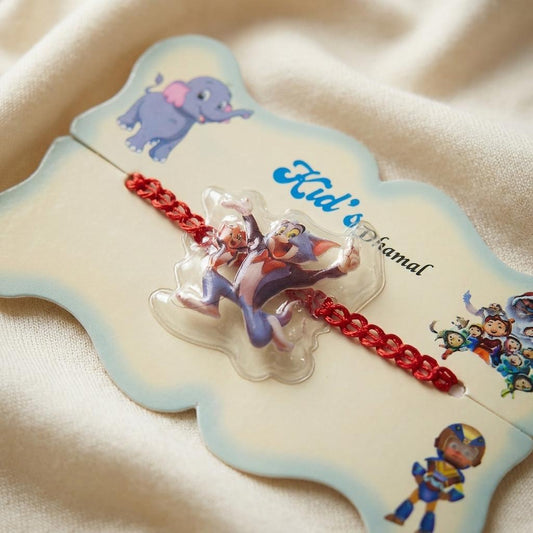 Playful Cartoon Kid's Dhamal Rakhi with Red Braided Thread