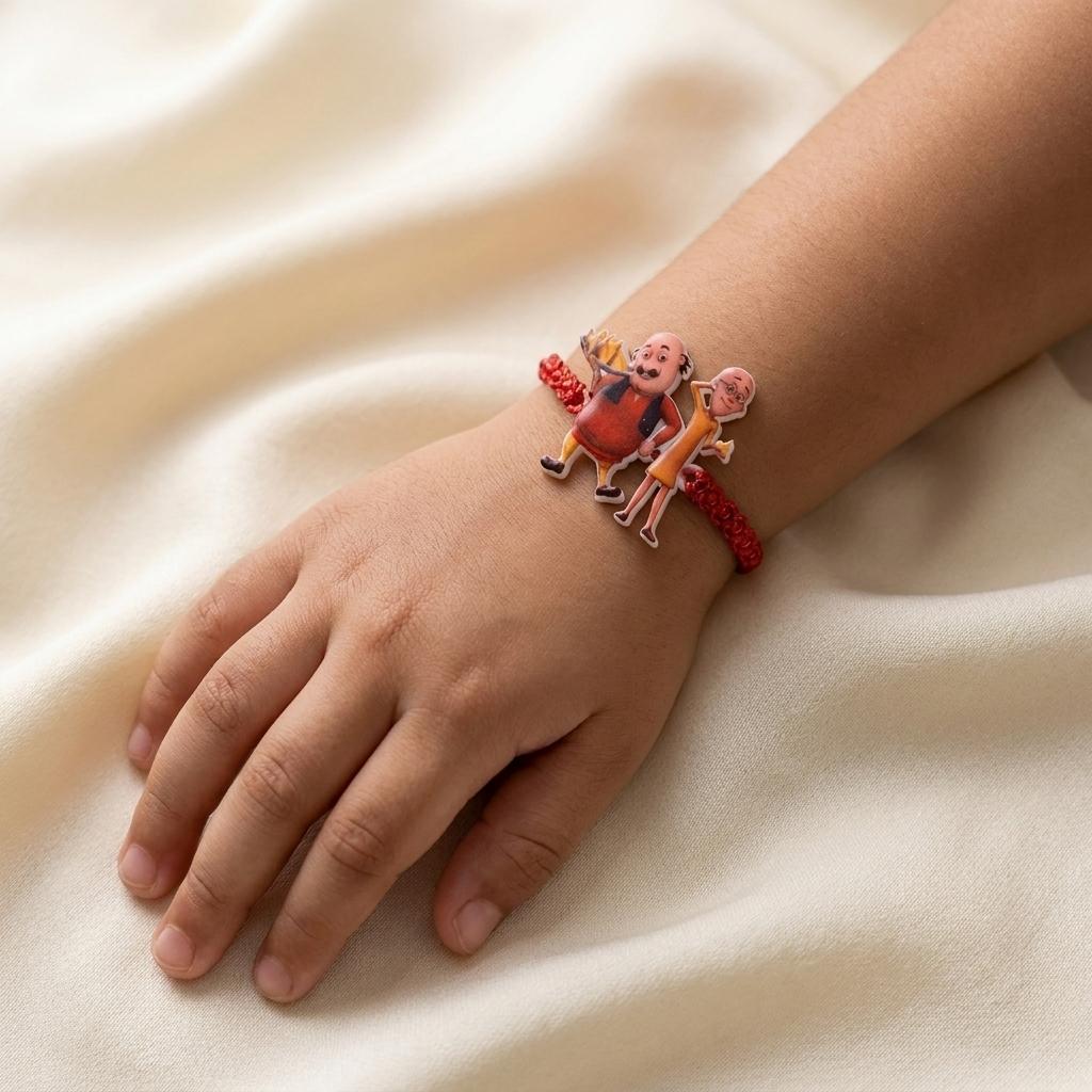Playful Motu Patlu Rakhi for Kids with Red Braided Thread
