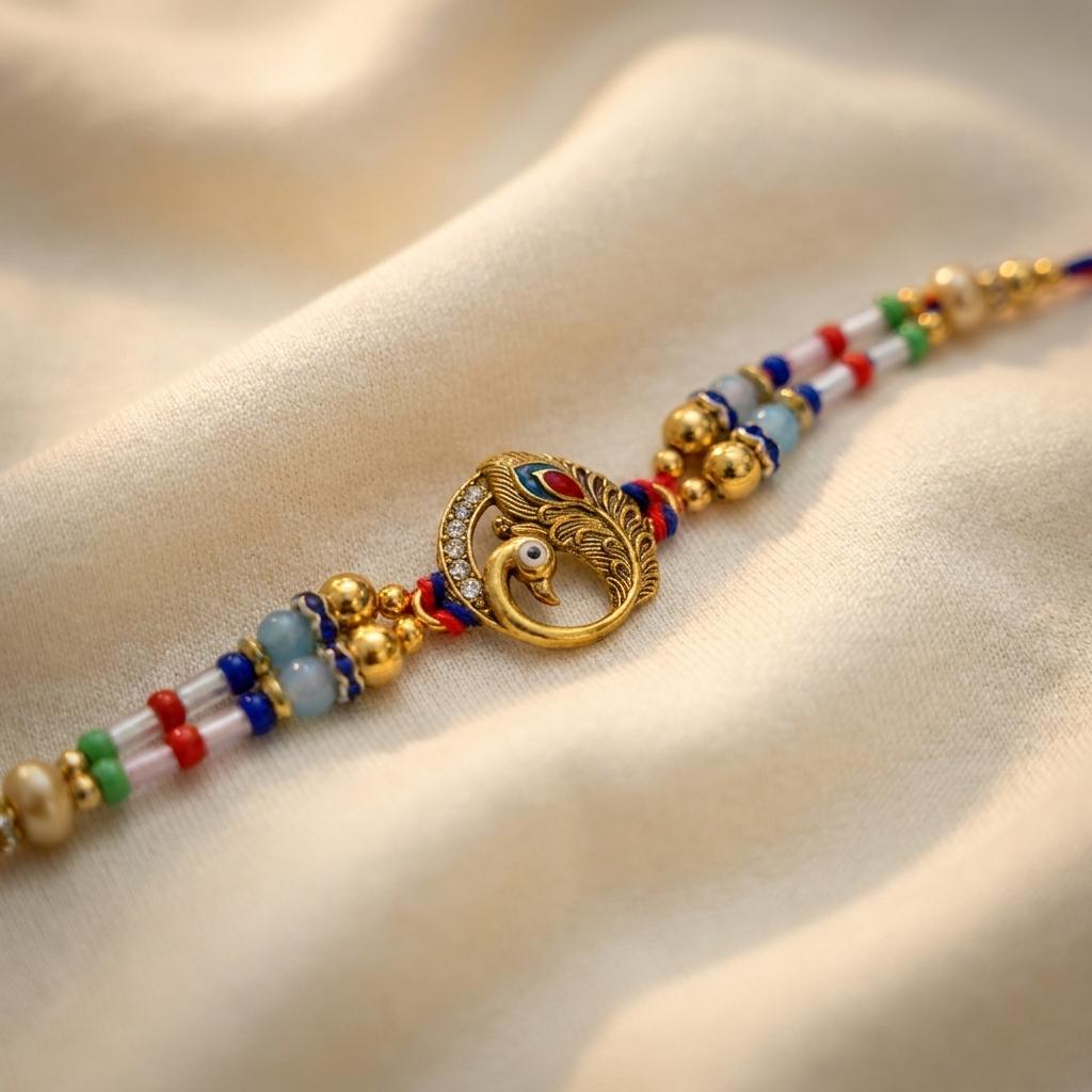 Majestic Peacock Feather Gold Rakhi with Multicolor Beads & Thread
