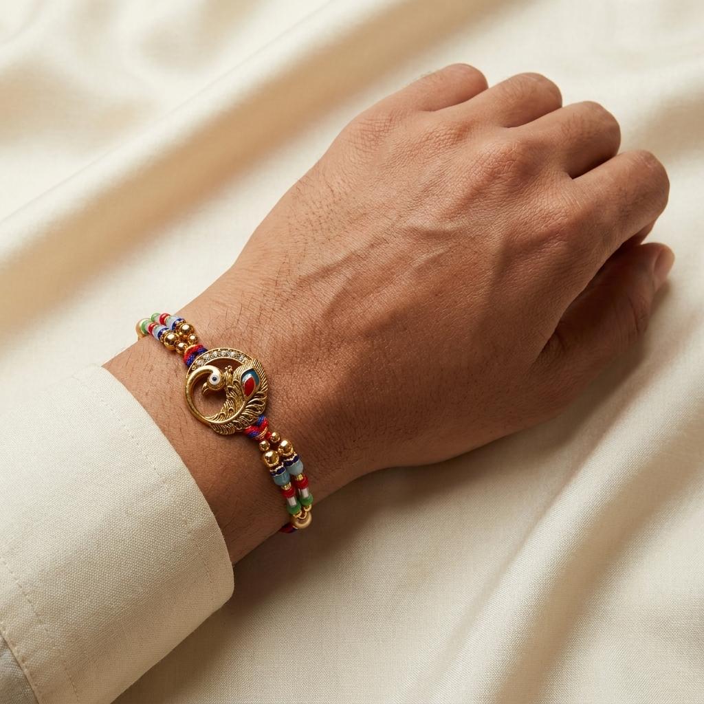 Majestic Peacock Feather Gold Rakhi with Multicolor Beads & Thread