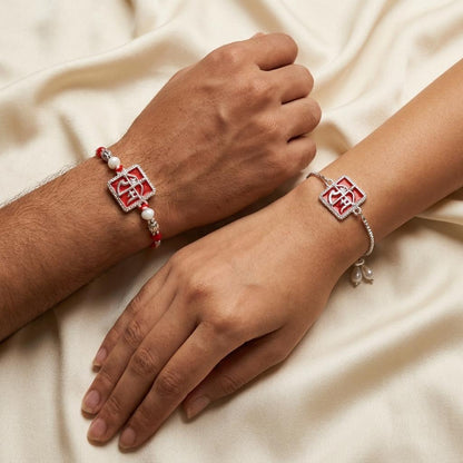 Silver 'Ram' Script Couple Rakhi Set with Pearl Drop Bracelet
