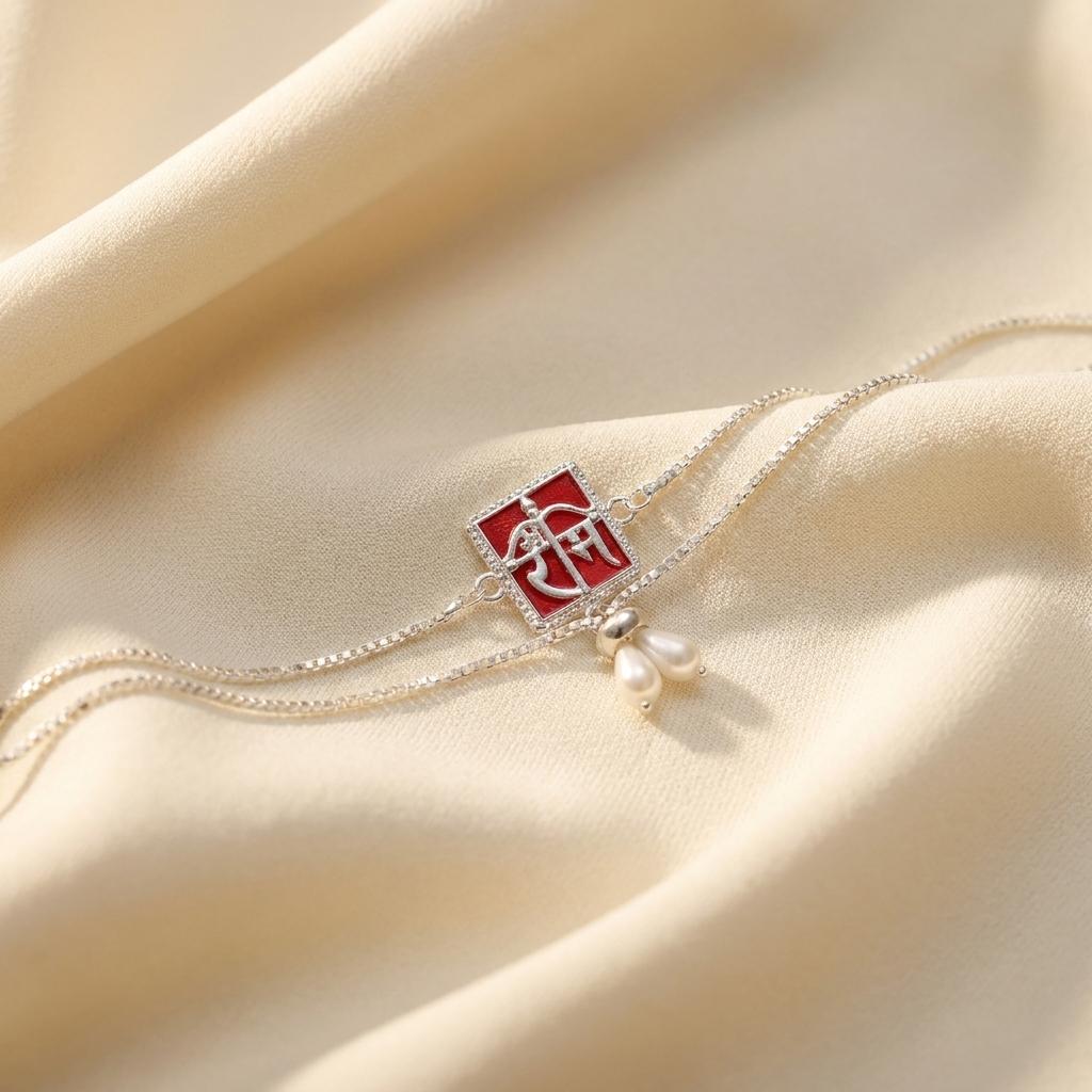 Silver 'Ram' Script Couple Rakhi Set with Pearl Drop Bracelet
